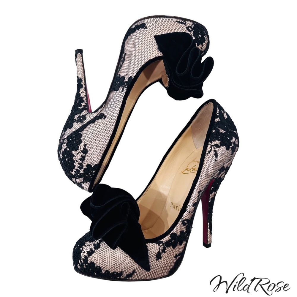 CHRISTIAN LOUBOUTIN “Lady Page” Black Floral Lace &Velvet Nude Heels SZ 36 - Picture 6 of 17